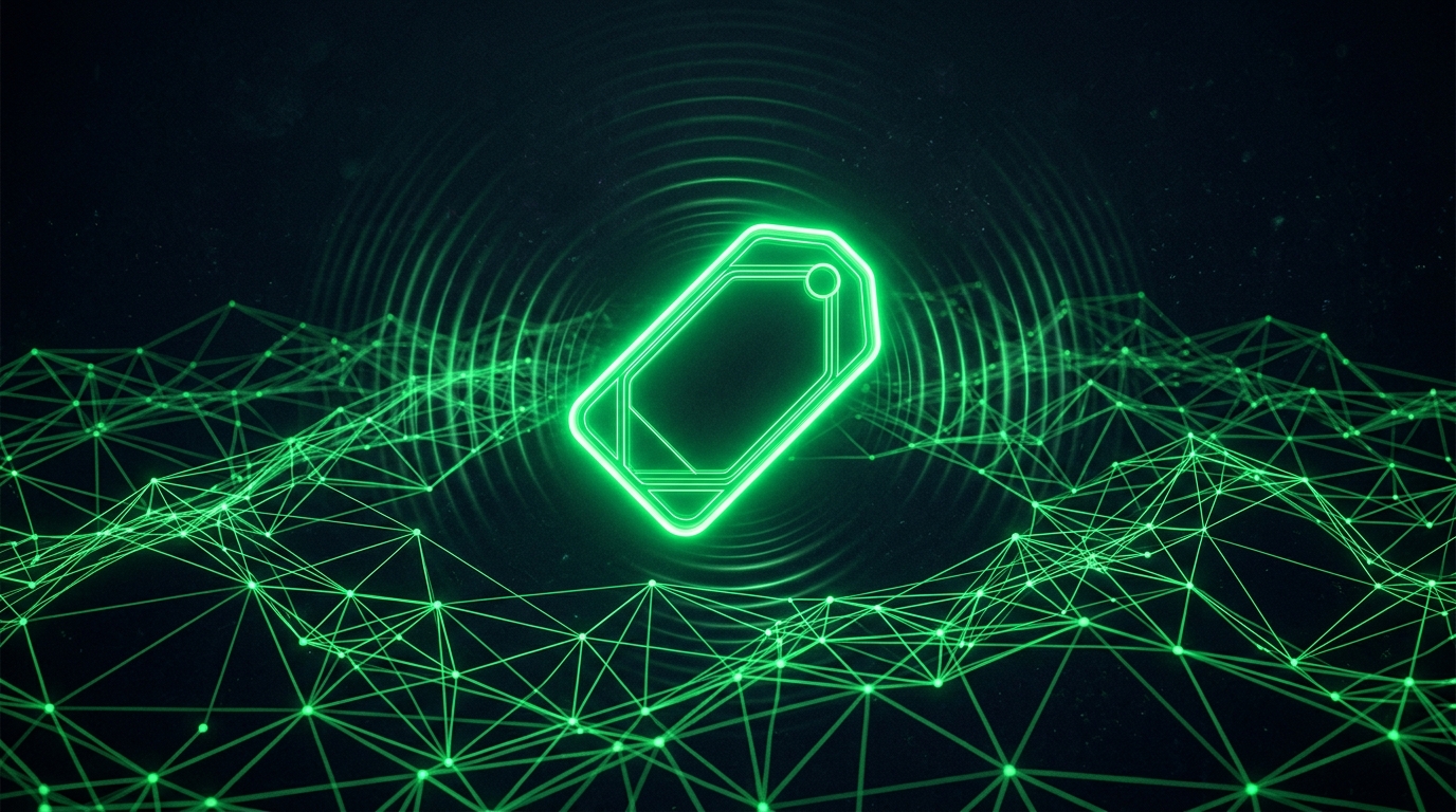 etiqueta holográfica verde neon flutuando sobre uma malha de nós que continua se propagando além dela, fundo escuro, representando o rótulo de ia que não contém o efeito na audiência