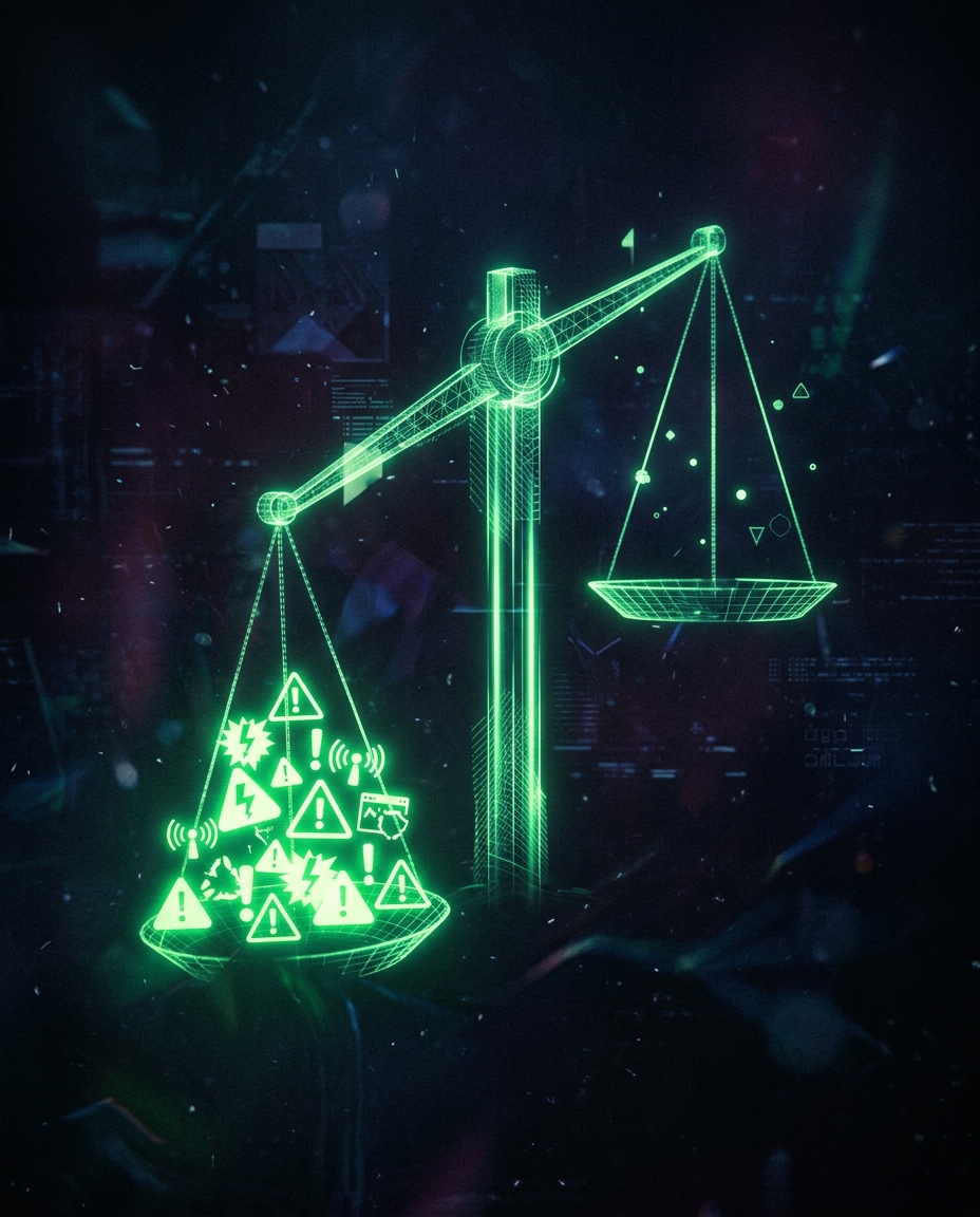 balança holográfica verde neon desequilibrada, com um lado afundando sob o peso de ícones de alerta, fundo escuro cinematográfico