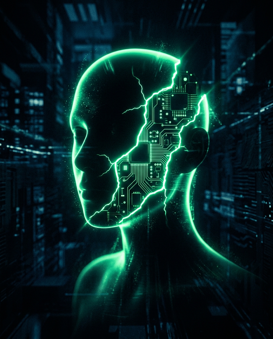 silhueta de avatar médico holográfico verde neon com uma rachadura de luz cruzando o rosto, revelando um padrão de circuito por baixo, fundo escuro cinematográfico