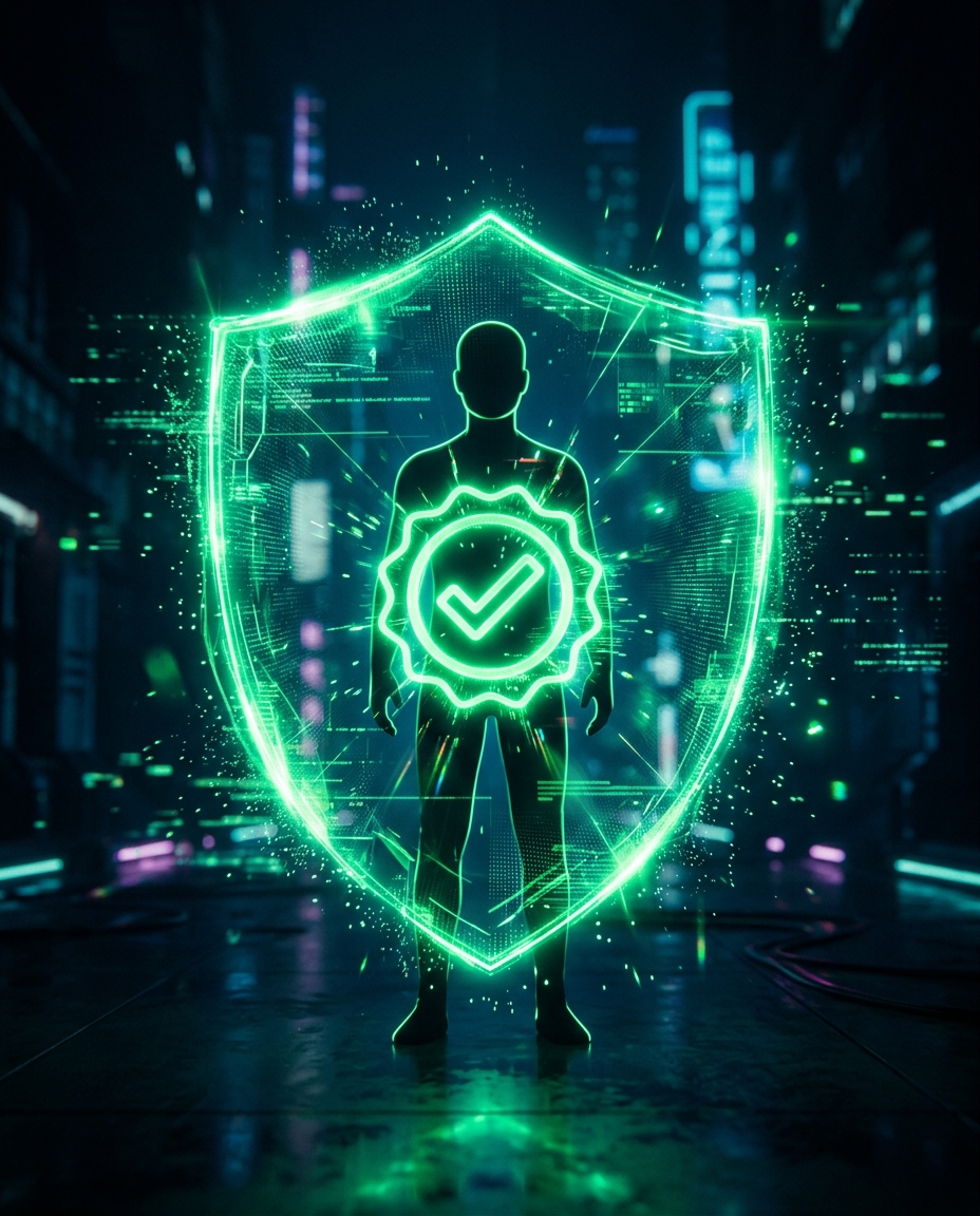 escudo holográfico verde neon com um selo de verificação no centro, protegendo um avatar simplificado, fundo escuro cinematográfico