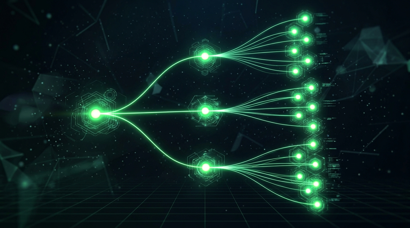 estrutura holográfica verde neon com um nó se dividindo em três e depois em dez, representando o framework de repurposing