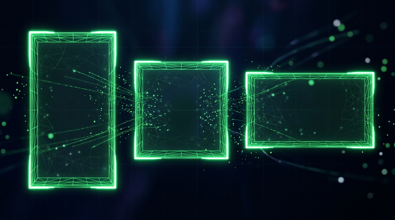 três molduras holográficas verde neon em proporções diferentes lado a lado sobre fundo escuro
