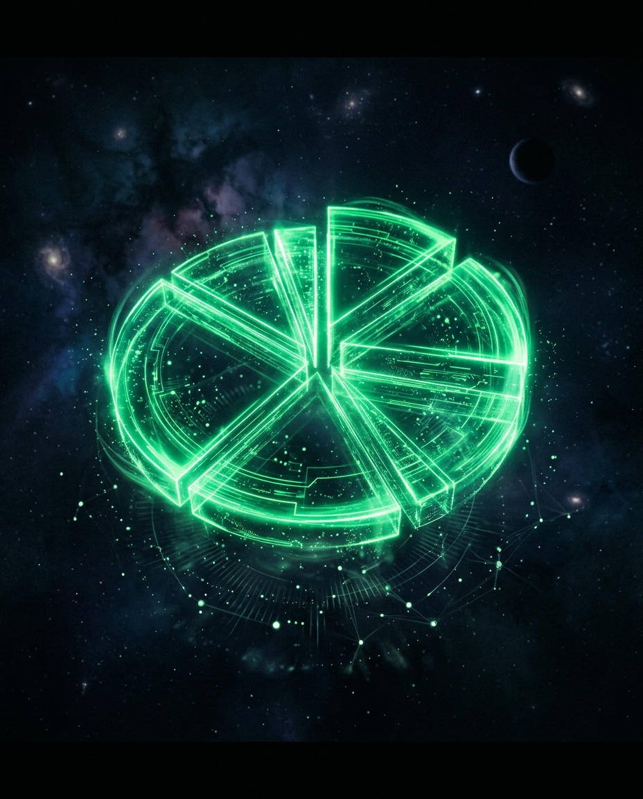 gráfico de pizza holográfico verde neon dividindo uma fatia de orçamento entre criador humano e criador sintético, fundo escuro cinematográfico