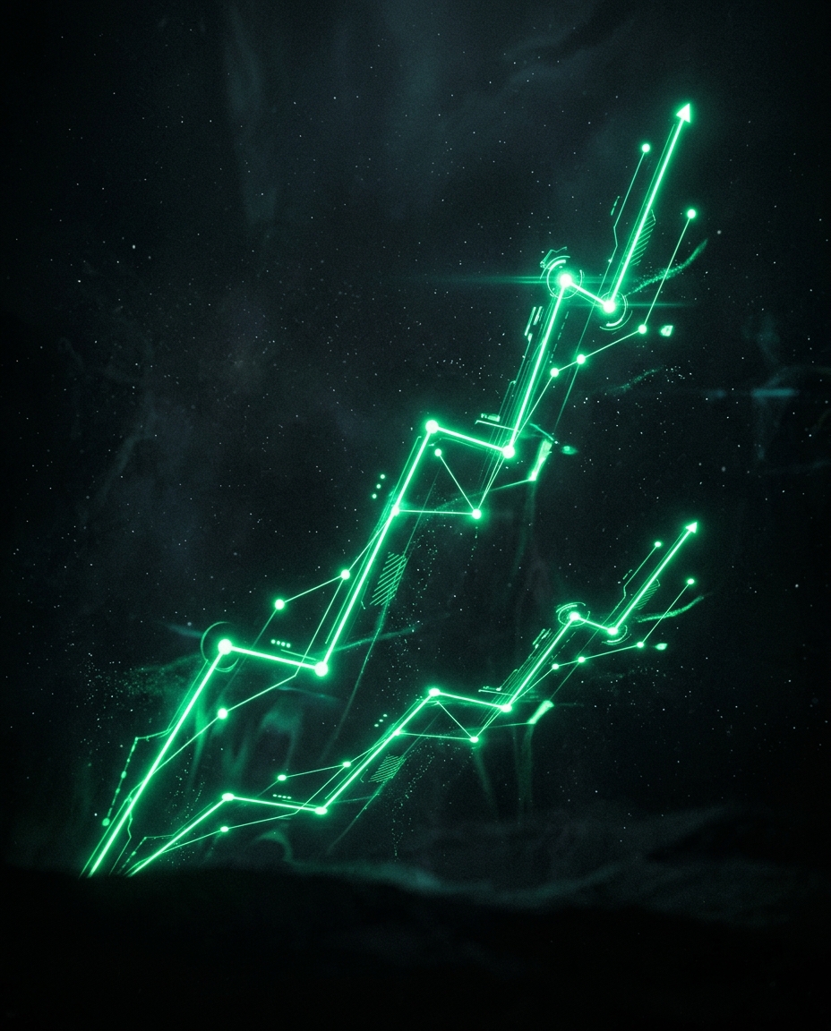 linha do tempo holográfica verde neon crescente com dois traçados comparando desempenho, um mais alto que o outro, fundo escuro cinematográfico