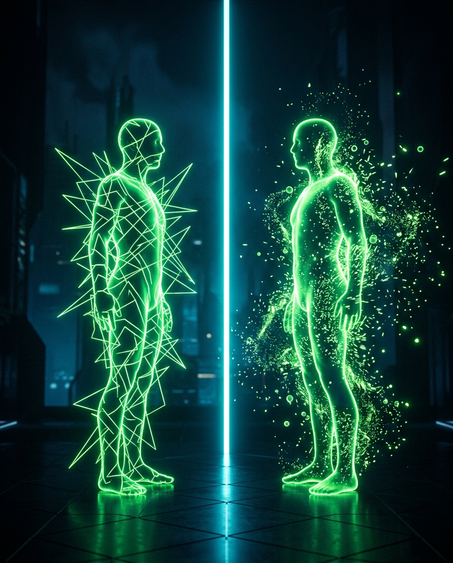duas silhuetas de público holográficas verde neon, uma reagindo com desconfiança e outra com engajamento, separadas por uma linha de luz, fundo escuro cinematográfico