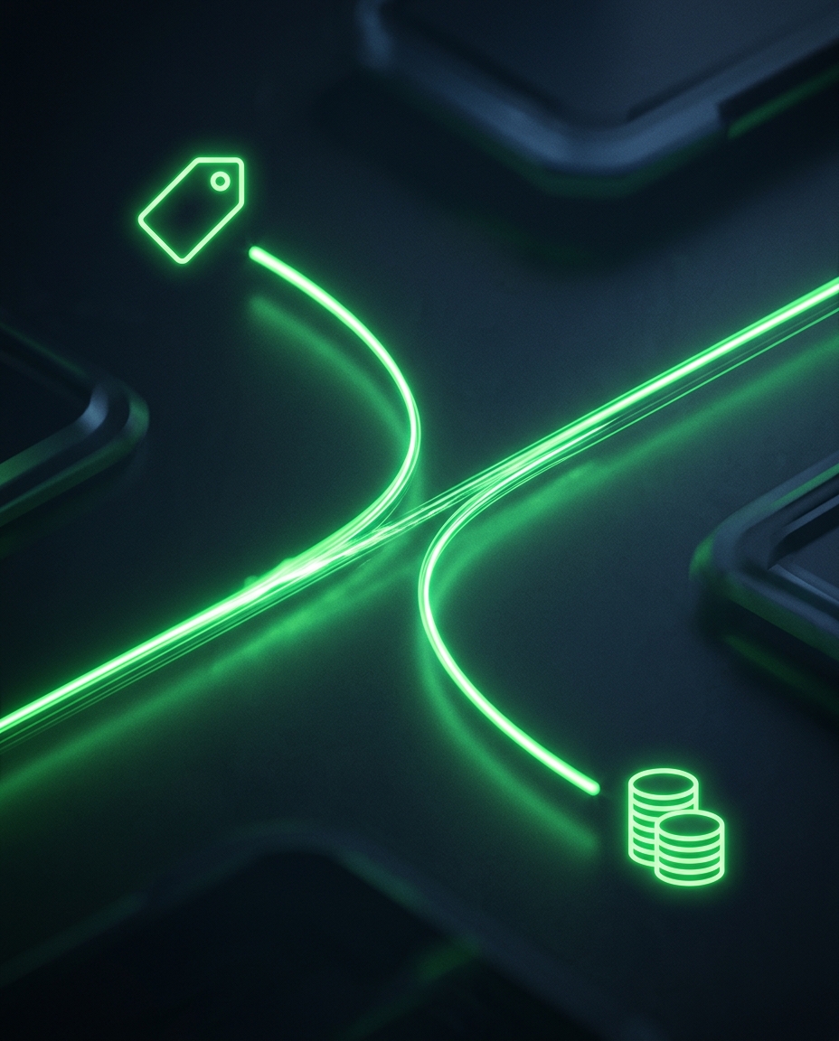 duas trilhas de luz verde neon divergindo de um ponto central, uma levando a um ícone de etiqueta de preço e outra a um ícone de moeda, estilo escuro cinematográfico