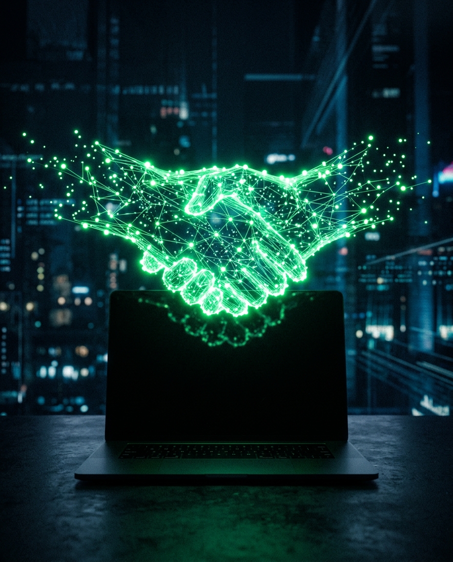 aperto de mão holográfico verde neon entre dois nós de luz acima da silhueta de um notebook, representando parceria b2b, estilo escuro cinematográfico