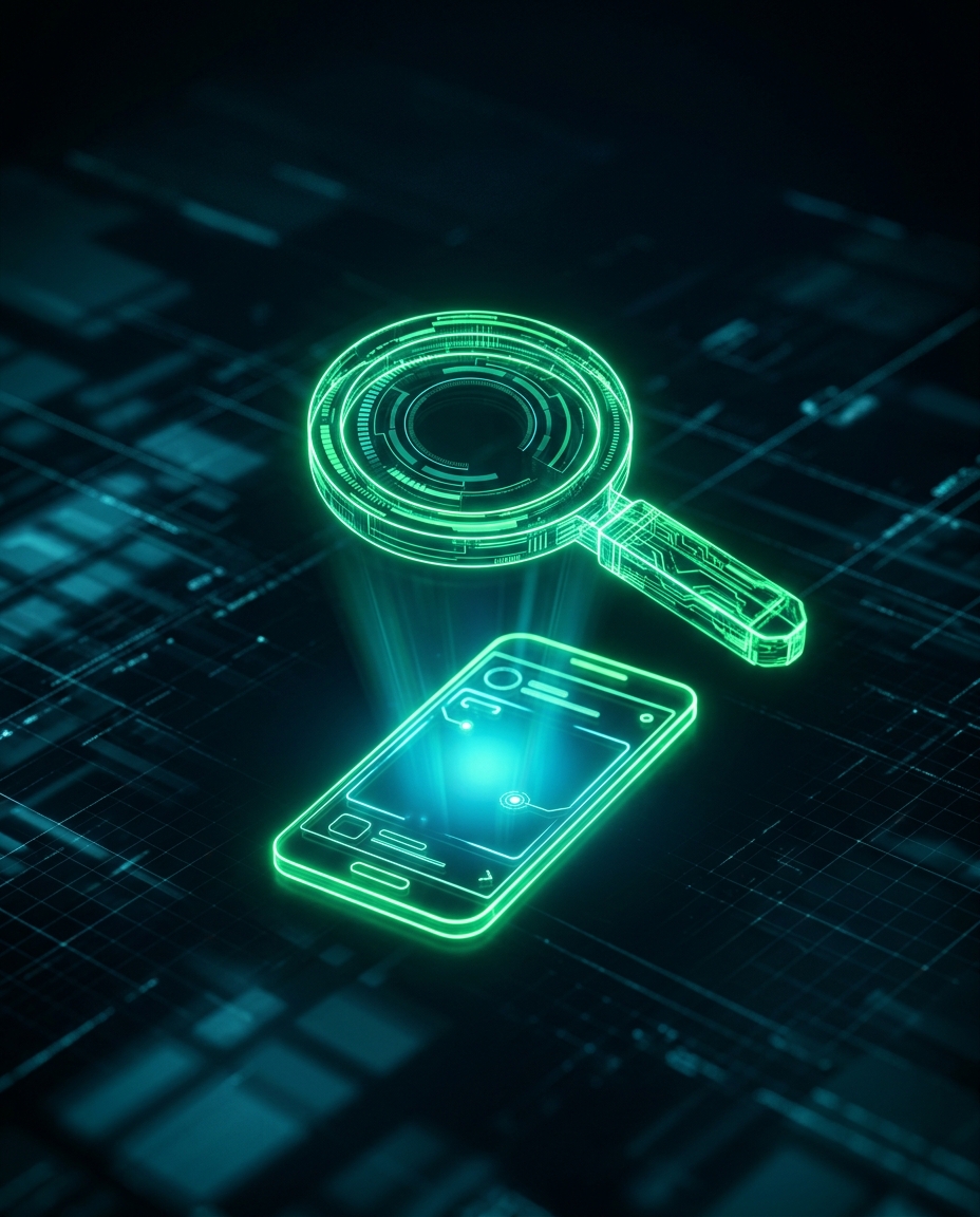 lupa holográfica verde neon sobre a silhueta de um smartphone flutuando em grade digital, estilo cinematográfico escuro