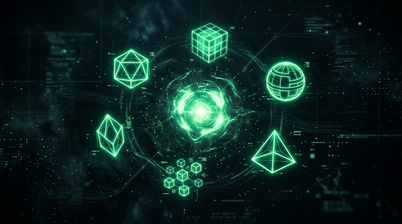 seis ícones holográficos verde neon flutuando ao redor de um núcleo central representando personas de negócios, fundo escuro cinematográfico