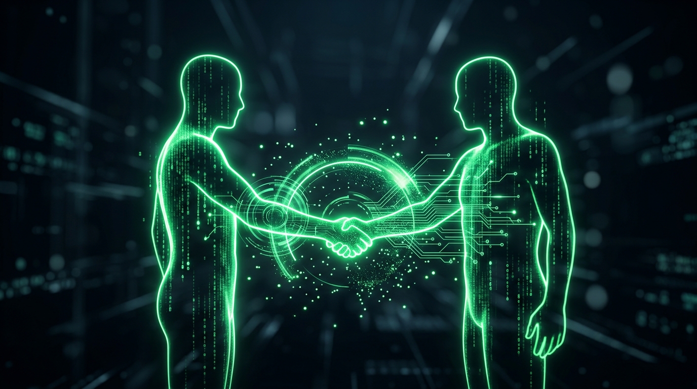 aperto de mão digital holográfico verde neon entre um avatar de ia e um pequeno empreendedor, estilo escuro cinematográfico