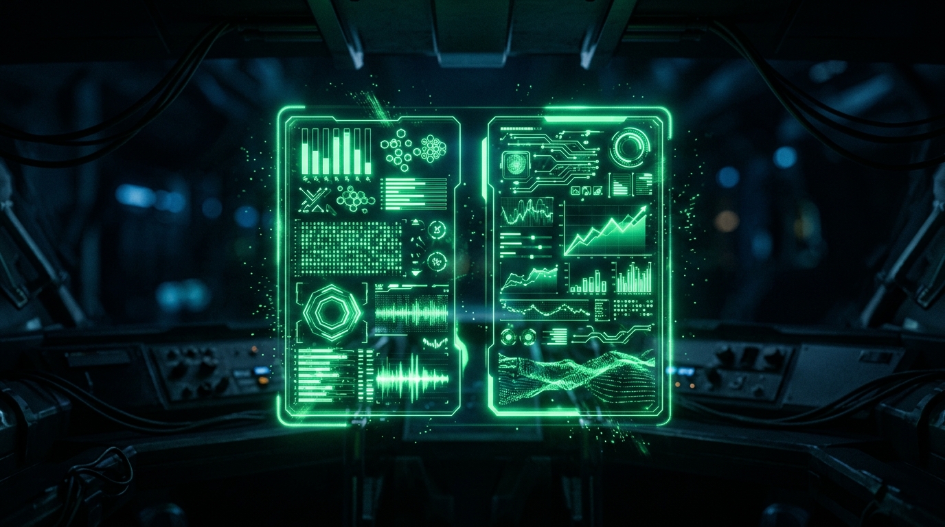 painel de comparação holográfico verde neon com duas colunas de custo lado a lado, estilo escuro cinematográfico