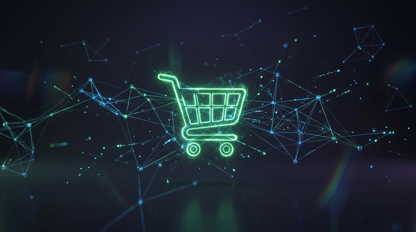 ícone de carrinho de compra holográfico verde neon conectado a uma rede de nós representando creator commerce, fundo escuro cinematográfico
