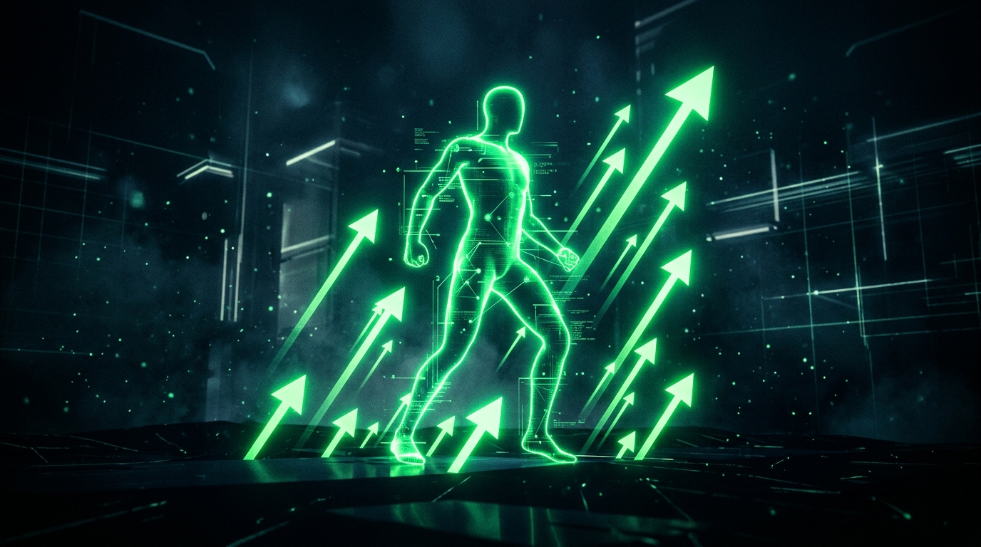 silhueta de avatar de influencer de ia holográfico verde neon cercado por setas de crescimento, estilo cinematográfico escuro