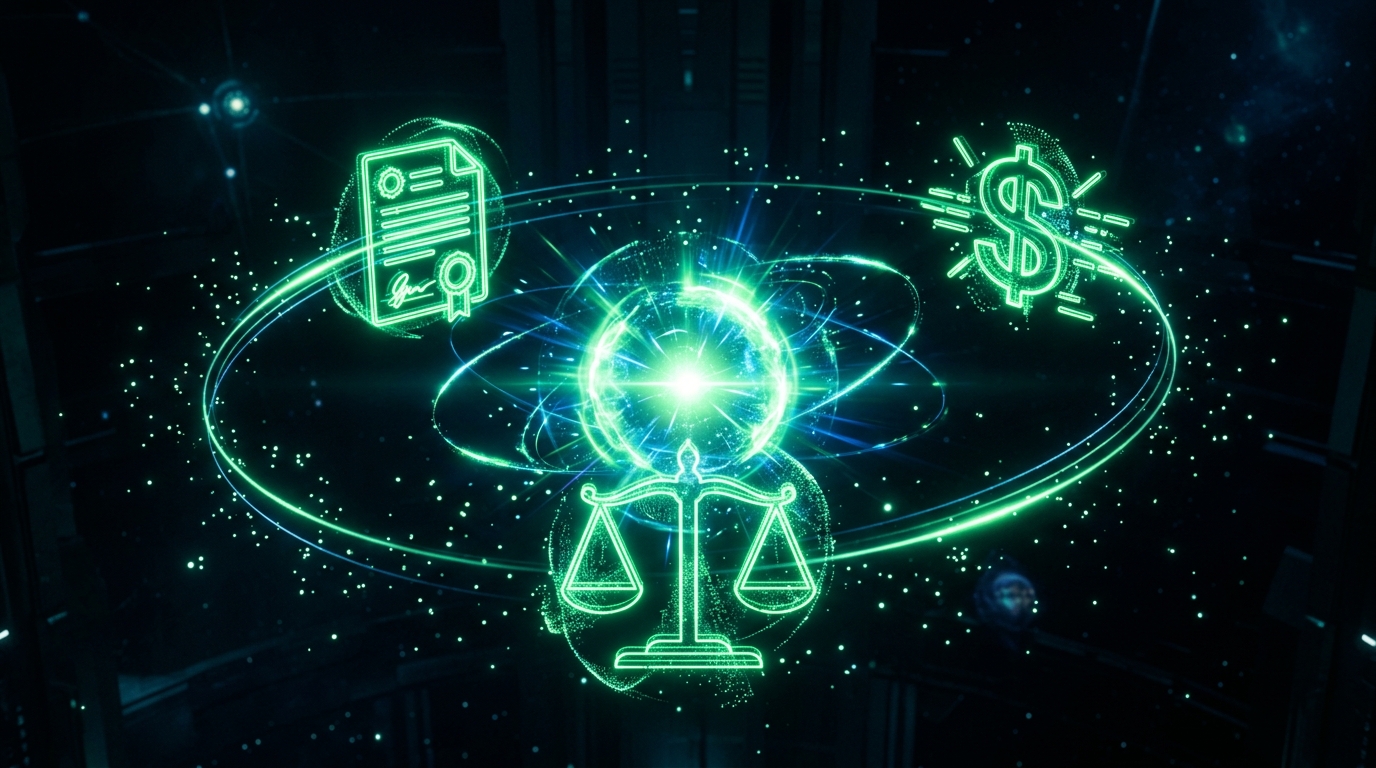 ícones holográficos verde neon de balança, contrato e cifrão flutuando ao redor de um núcleo central, fundo escuro cinematográfico