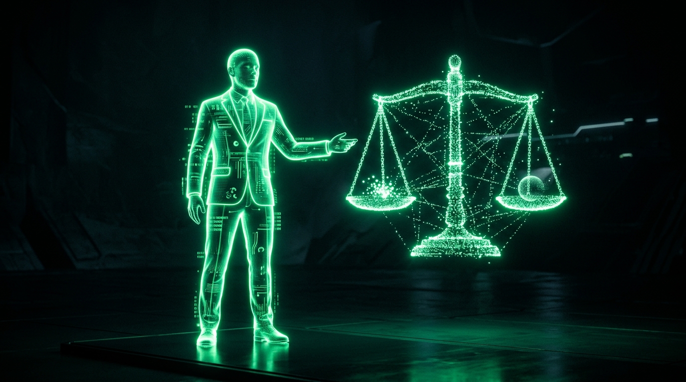 avatar holográfico verde neon de um advogado sintético segurando uma balança da justiça flutuante, estilo cinematográfico escuro