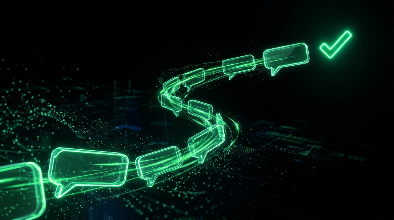 bolhas de conversa holográficas verde neon conectadas em sequência simulando uma automação de mensagens, fundo escuro cinematográfico