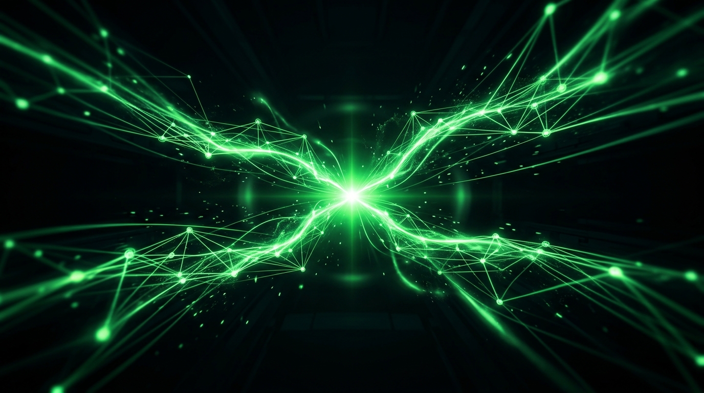 rede holográfica verde neon de nós conectados convergindo para um ponto central iluminado, representando citação em resposta de ia