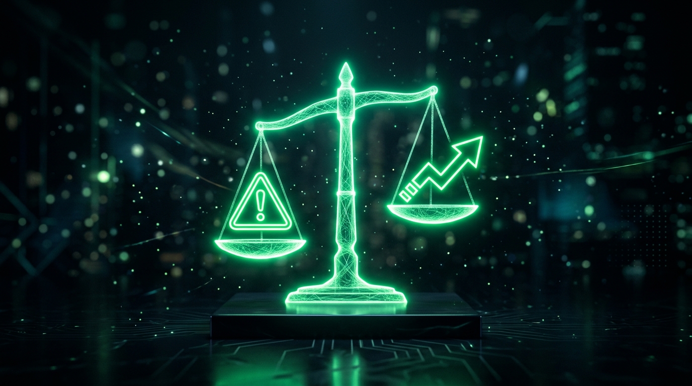 balança holográfica verde neon equilibrando um ícone de alerta e um ícone de crescimento, fundo escuro cinematográfico