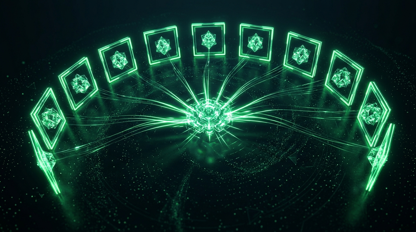 nó central holográfico verde neon irradiando para vários quadros idênticos alinhados em arco, representando um mesmo personagem replicado em episódios consistentes sobre fundo escuro