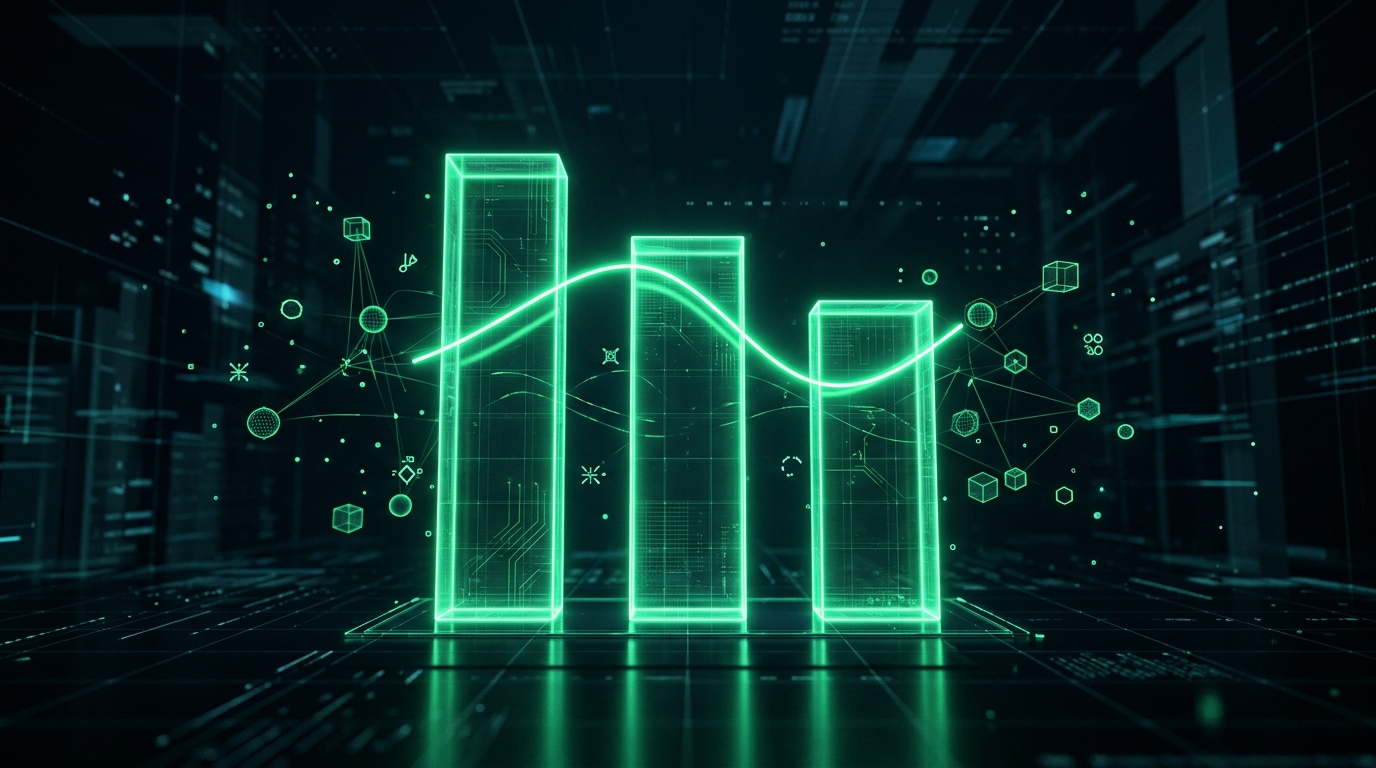 três barras holográficas verde neon lado a lado com alturas decrescentes e uma linha de tendência luminosa, representando comparação de retenção entre episódios sobre fundo escuro