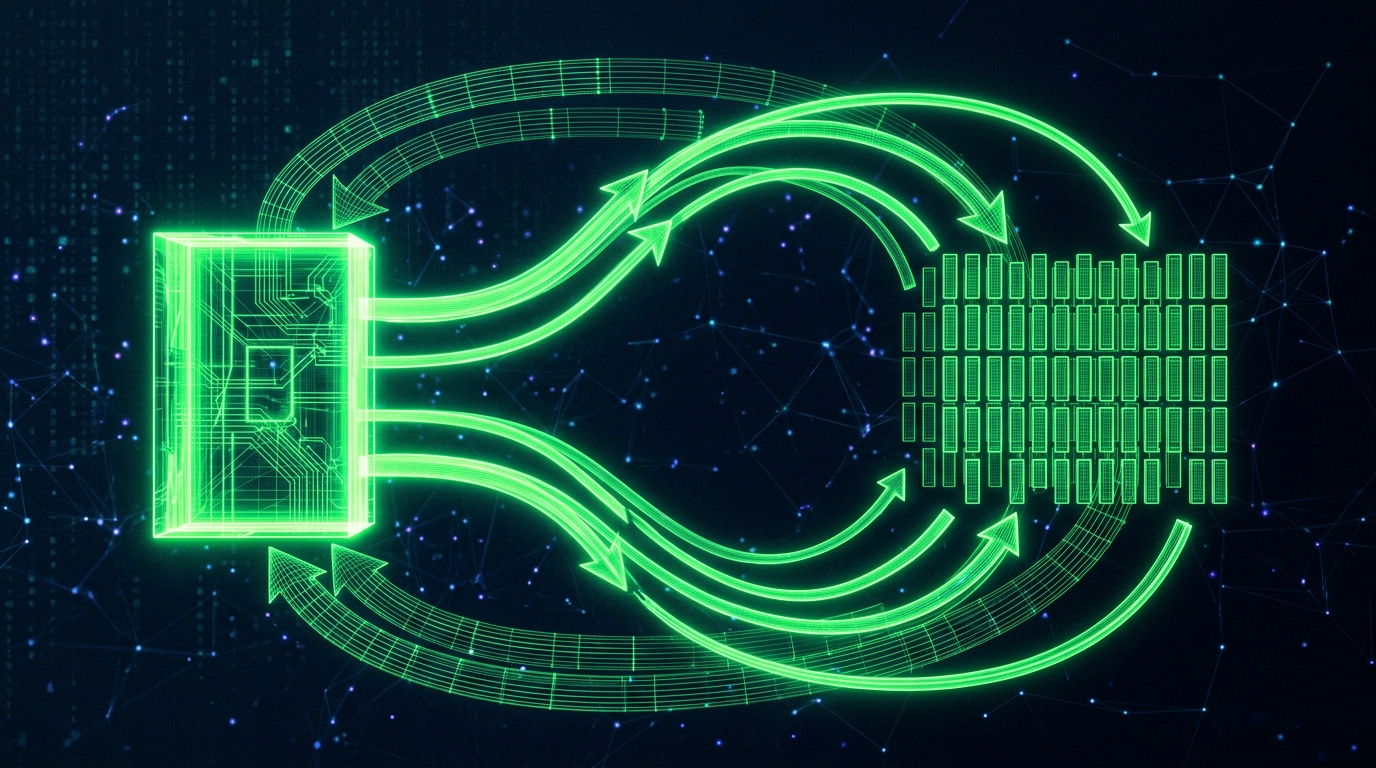 ciclo holográfico verde neon ligando um bloco de vídeo longo a vários clipes curtos e de volta, representando o fluxo circular entre podcast e vídeo curto